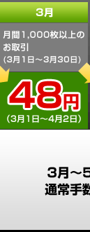 3月　月間1,000枚以上のお取引（3月1日～3月30日）　48円（3月1日～4月2日）　3月～5月は通常手数料も73円
