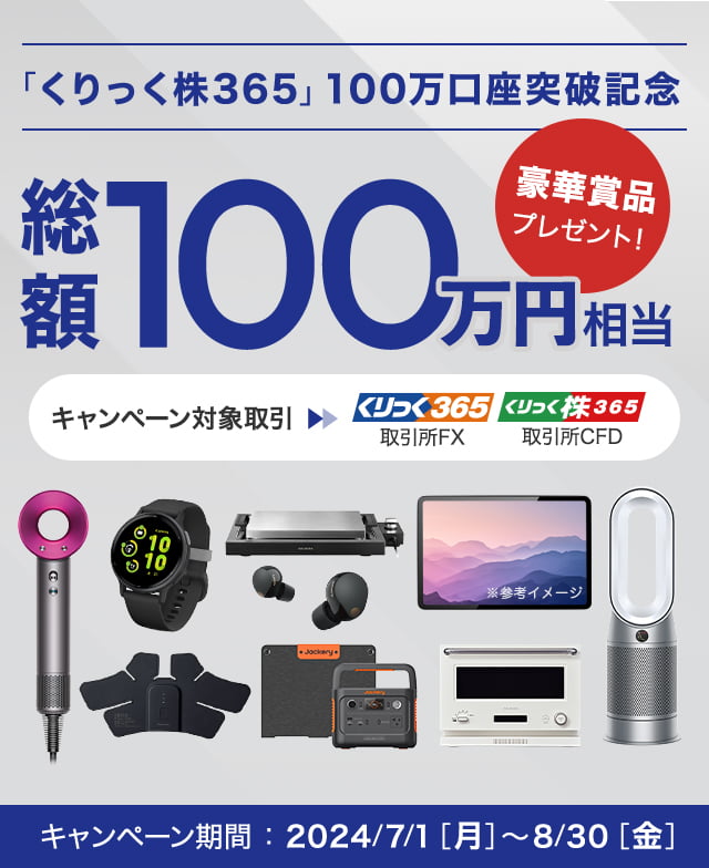 「くりっく株365」100万口座突破記念 総額100万円相当の豪華賞品プレゼント! キャンペーン期間:2024年7月1日月曜日から8月30日金曜日までのキャンペーンの画像