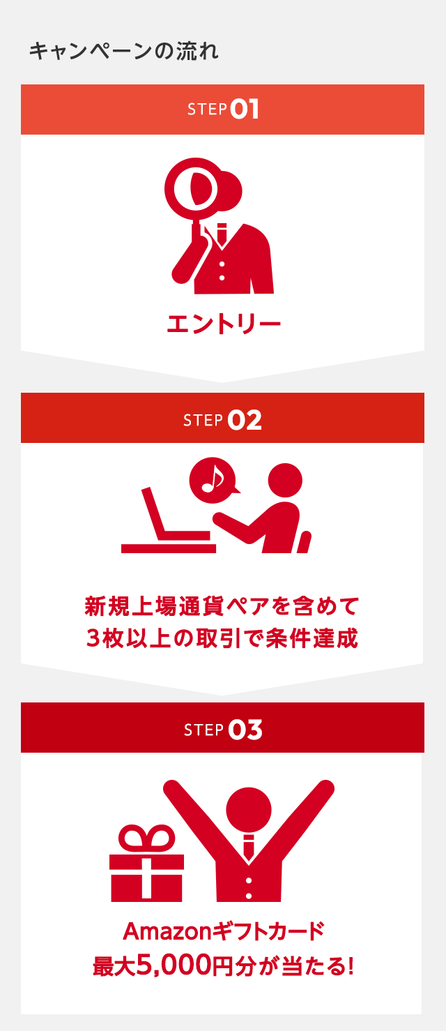 キャンペーンの流れ STEP01:エントリー / STEP02:日経225マイクロを取引 / STEP03:最大3,000円戻って来る!