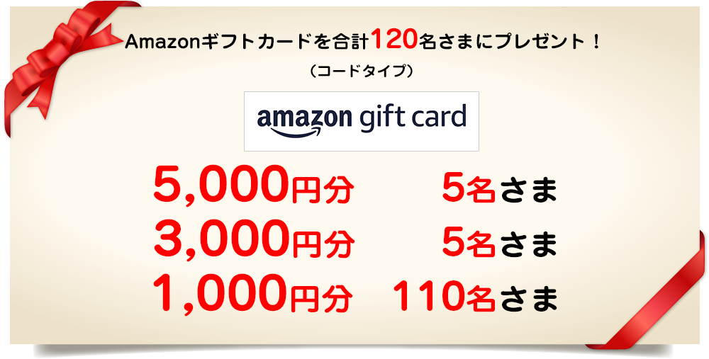 Amazonギフトカードを合計123名さまにプレゼント！（コードタイプ） 5,000円分　計18名さま（各期間6名さま） 1,000円分　計105名さま（各期間35名さま）