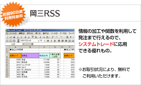 「岡三RSS」初回90日間利用料無料　情報の加工や関数を利用して発注まで行えるので、システムトレードに応用できる優れもの。　※お取引状況により、無料でご利用いただけます。
