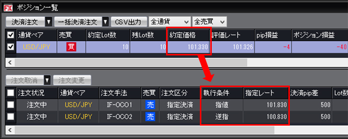 ポジション一覧で約定したポジションをクリック
