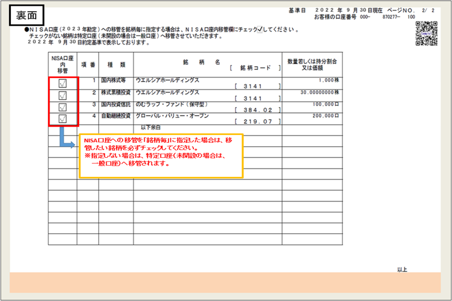 「非課税口座内上場株式等移管依頼書」裏面